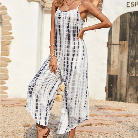 Boho Tie Dye Wide Leg Pants Pocket Jumpsuit - Picture 5 of 12